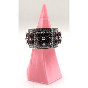 KARIS Purple Rhinestone Statement Ring Womens 5 Silver Tone Art Deco Style